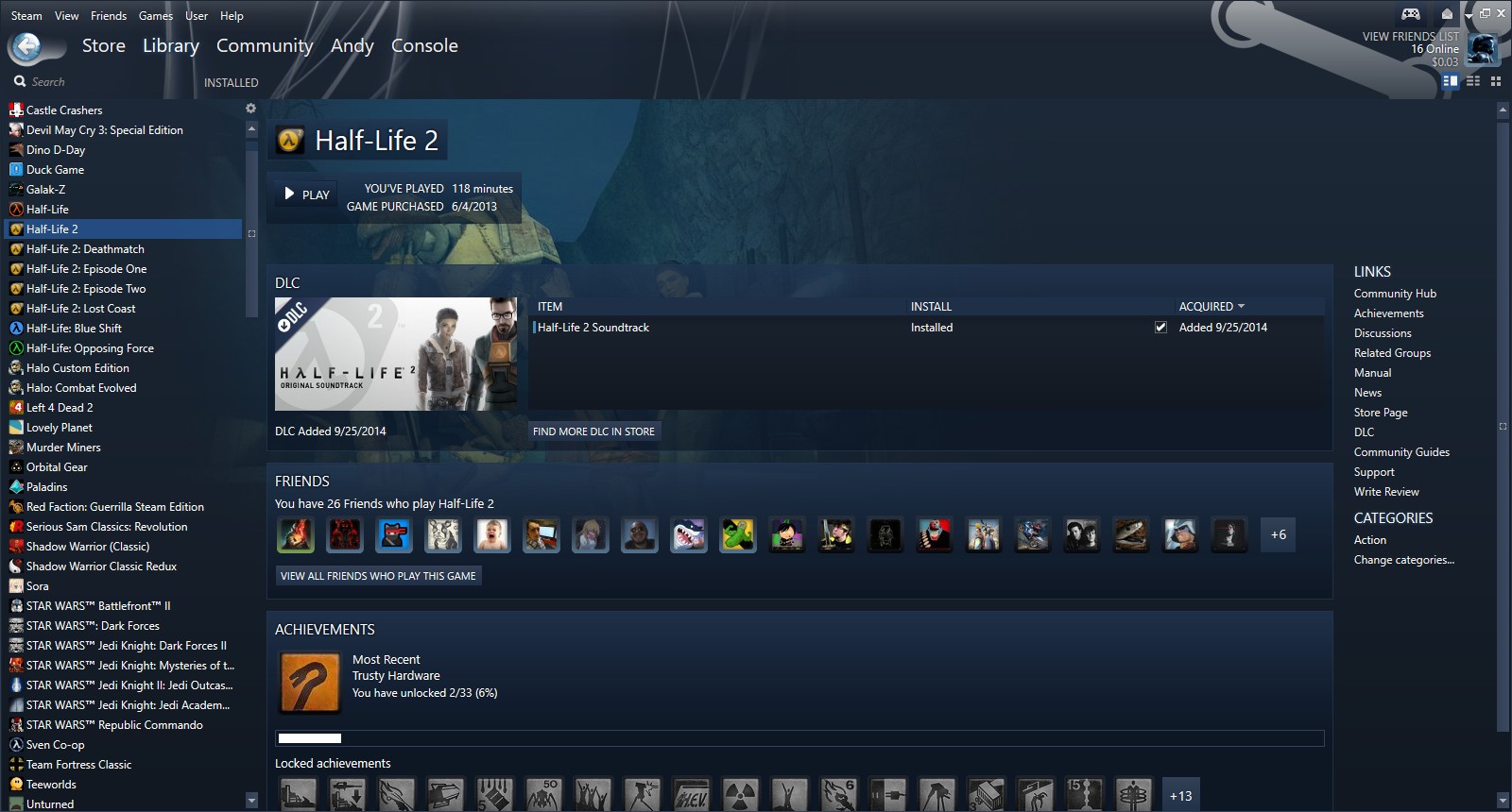 Steam Plexed skin showing the Half-Life 2 page in a user's library