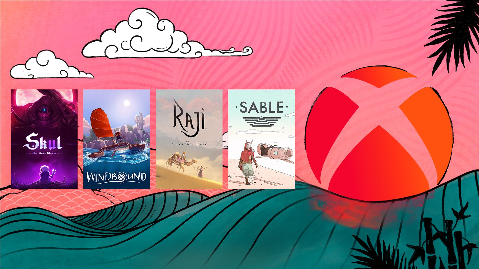 A shoreline scene with mountains, clouds in the sky and the Xbox logo as a setting sun featuring four game titles: Skul, Windbound, Raji and Sable.