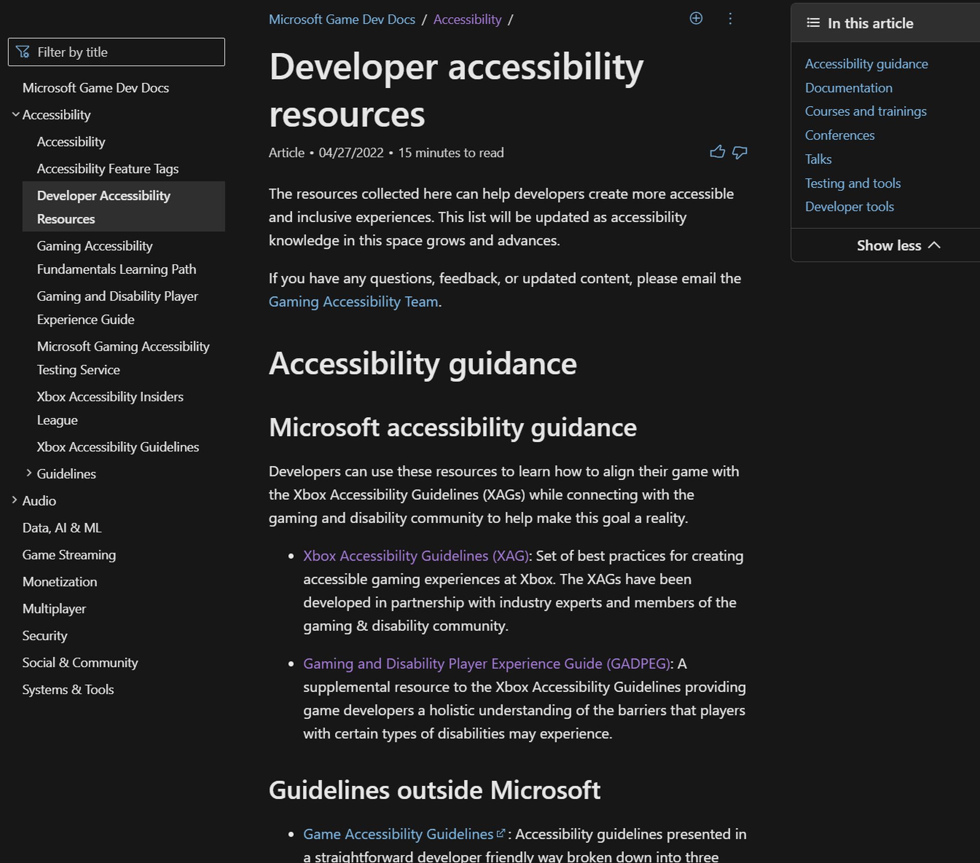 Gaming Developer Accessibility Resource Hub landing page shown in dark mode with accessibility guidance, documentation, courses and trainings, conferences, testing tools and developer tools 