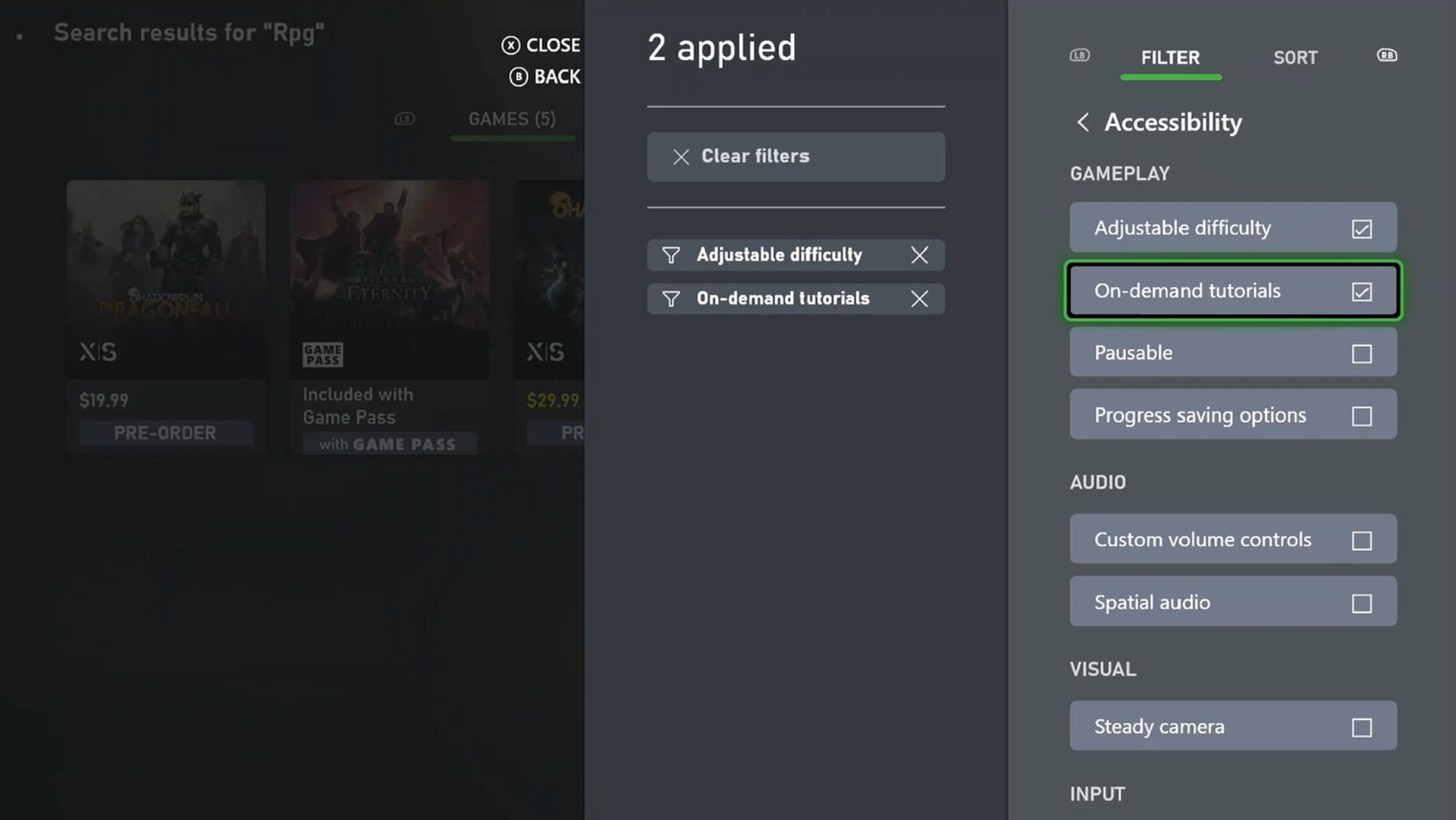 Filter capability highlighted in Xbox Store, with adjustable difficulty and On-Demand Tutorials tag under GamePlay category selected,  and both tags applied. 