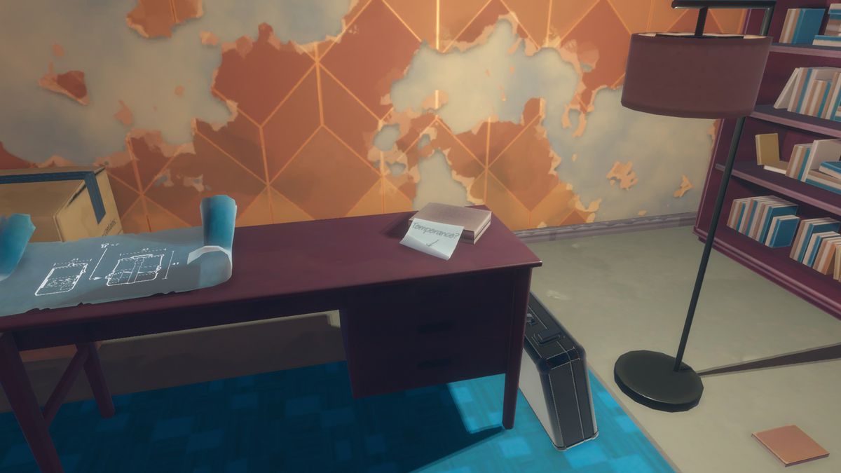 A sticky note that reads “Temperance?” sits on a table next to a blueprint.