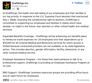 DraftKings Makes Stand Against Roe v Wade Ruling With $10,000 Benefits Package