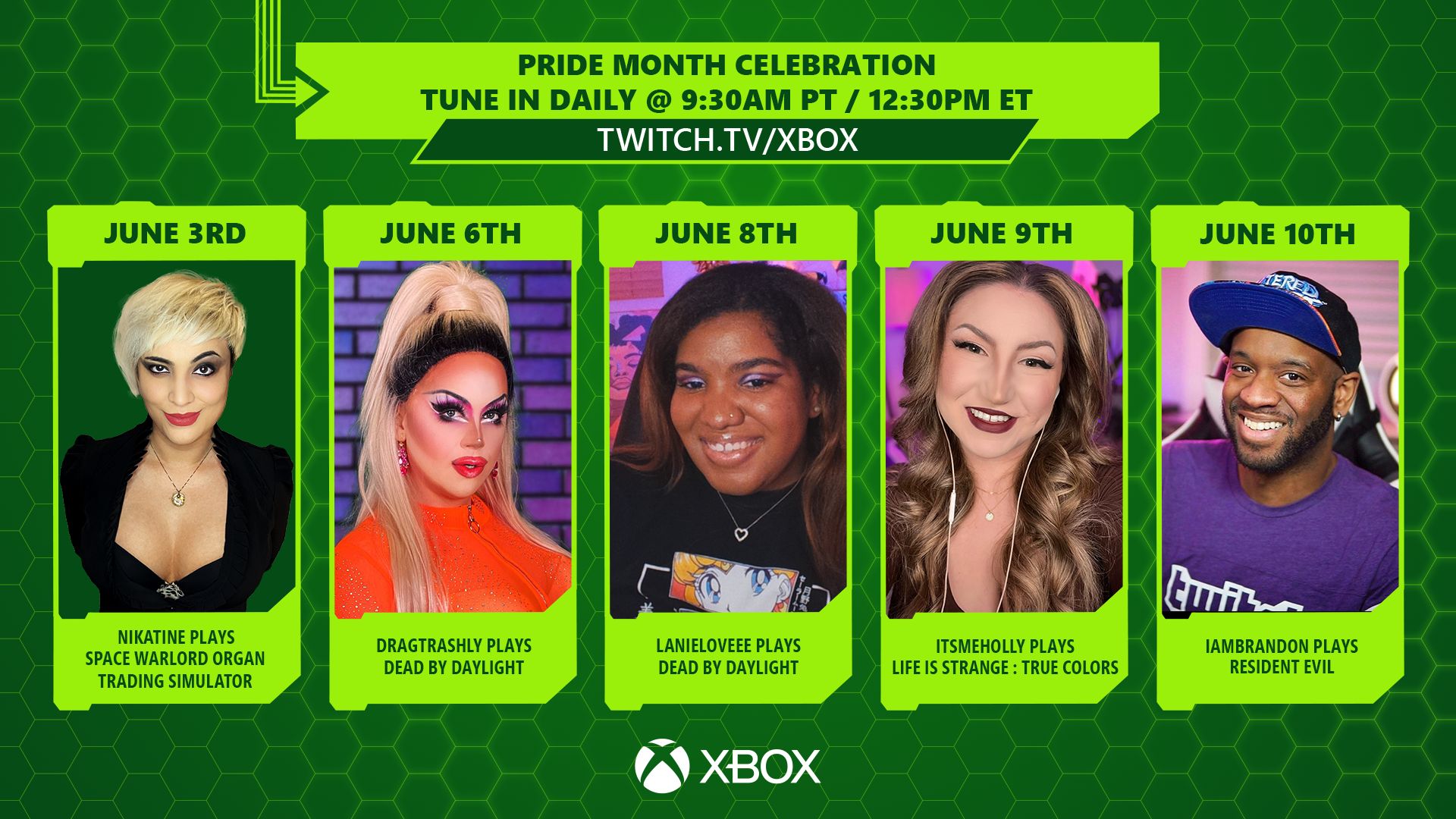 Dark and light green image with Xbox logos featuring pictures of five streamers – Nikatine, Dragtrashly, Lanieloveee, Itsmeholly and IamBrandon. 
