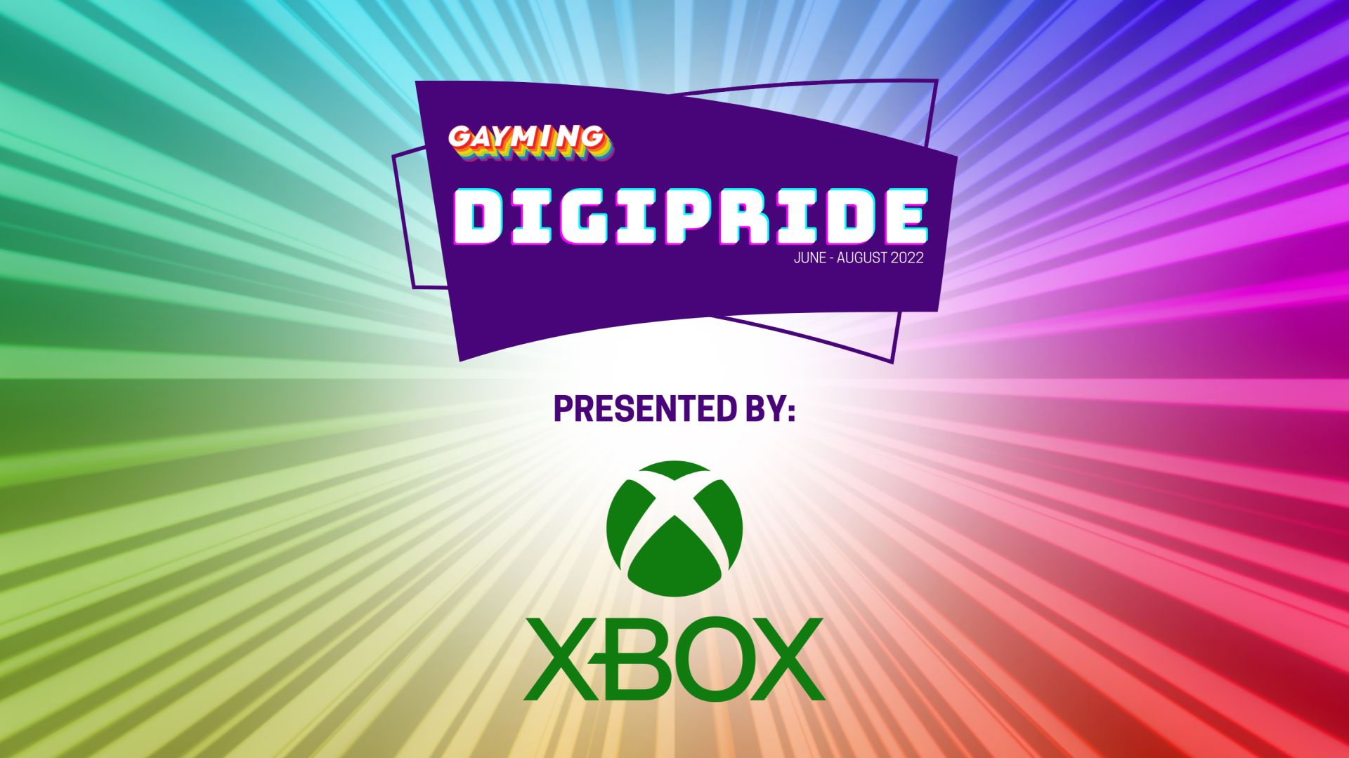 Xbox 로고가 있는 DIGIPRIDE 이벤트 그래픽은 중앙에서 반짝이는 빛에서 발산하는 밝은 녹색, 보라색, 분홍색, 노란색 및 녹색을 특징으로 합니다.