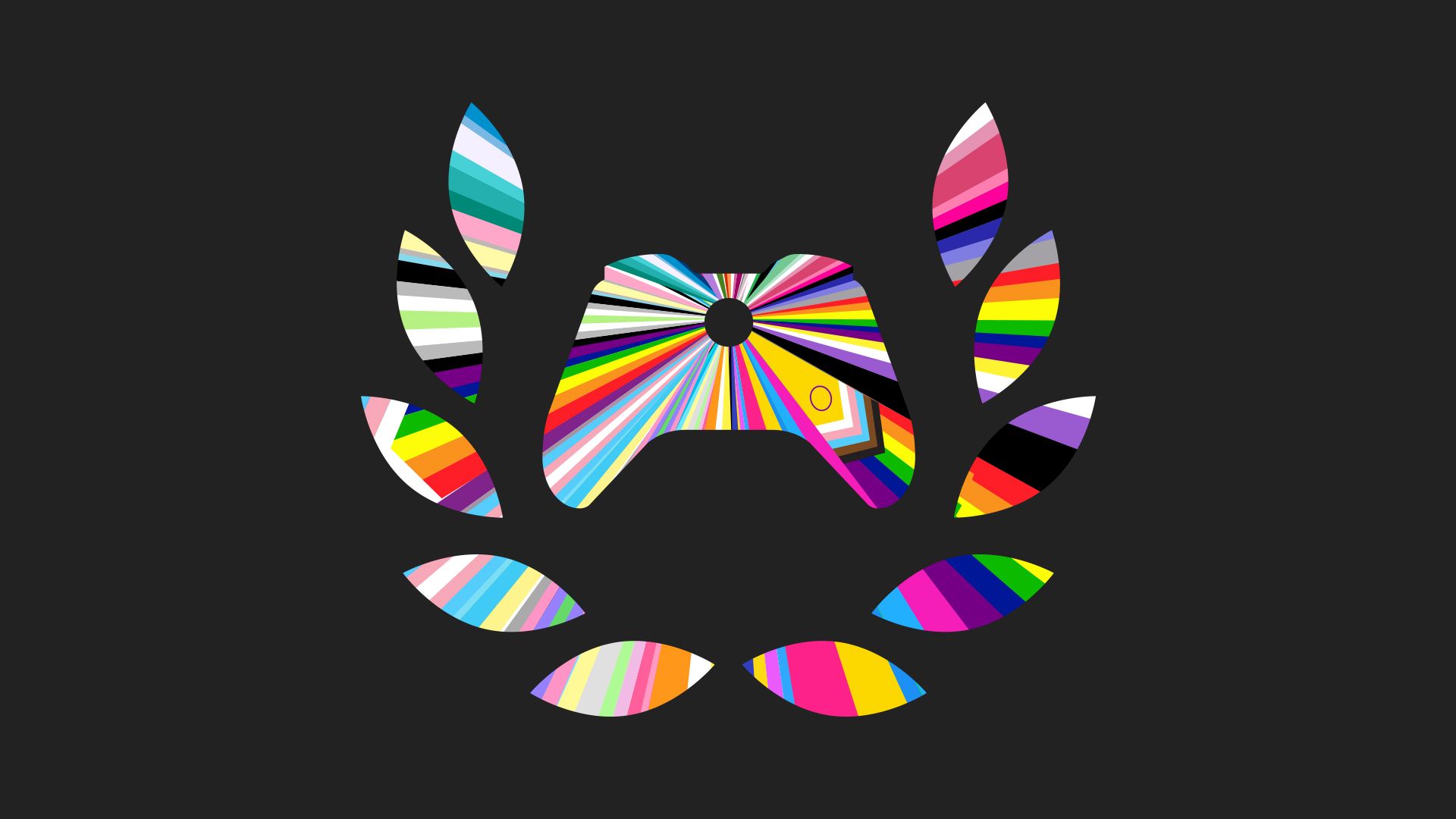 월계수로 둘러싸인 Xbox 컨트롤러 로고. 로고를 채우는 여러 LGBTQIA+ 프라이드 플래그가 로고 중앙에서 확장됩니다.