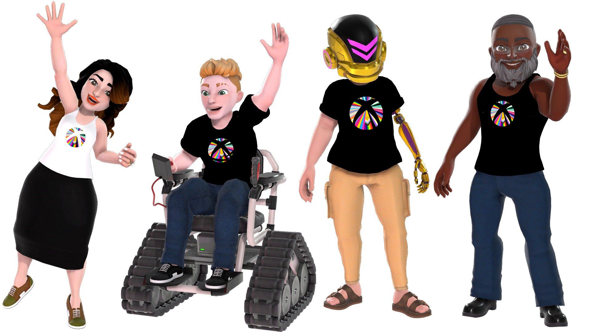 Four Xbox avatars wearing Pride logo’d gear – first is a woman standing with her right arm raised wearing a white tank top with the Pride logo with a black skirt; next is a white man seated in a wheel chair wearing a black tshirt with the Pride logo and blue jeans; next is woman with a prosthetic left arm wearing a gold and pink Halo helmet, a black tshirt with Pride logo and peach colored pants; last is a black man with a gray beard standing wearing a black tank top with the Pride logo and black jeans.