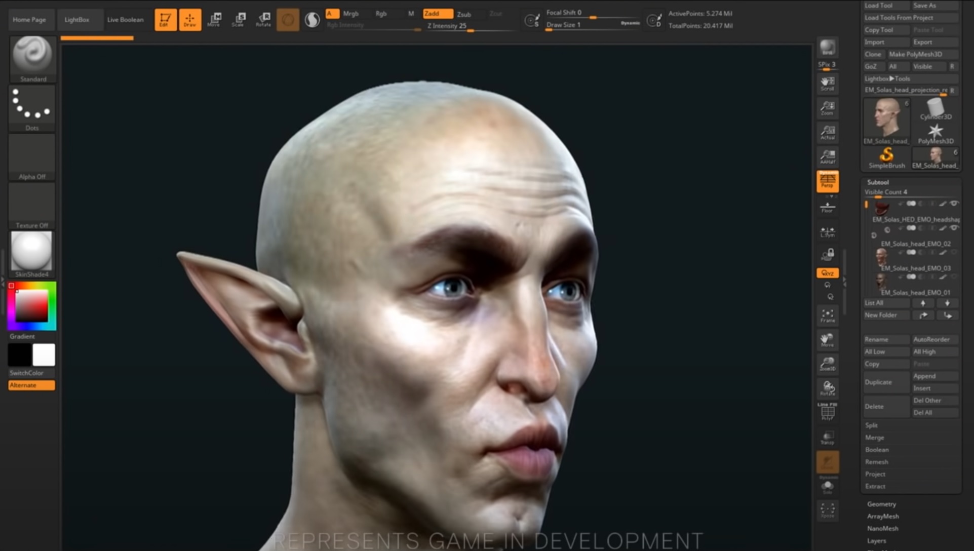 Dragon Age: Dreadwolf - Solas'ın yüzünün modellenmekte, öpüşen bir surat yapmak için geliştirilmekte olan bir ekran görüntüsü.