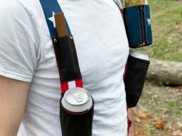 Torso with suspenders toting beer cans