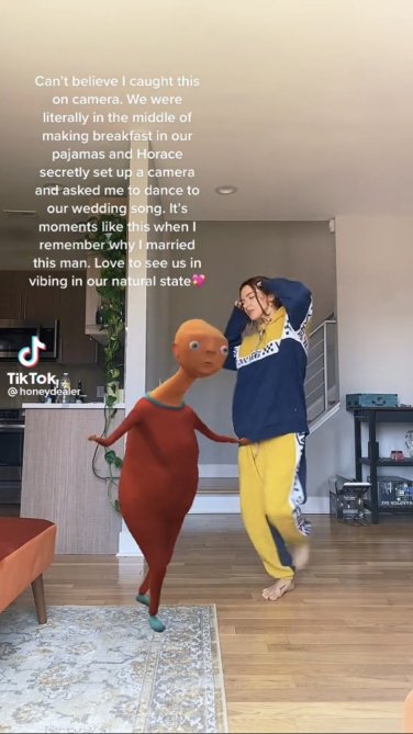 Animated goblin Horace dancing with TikTokker @honeydealer_. Captioned "Can't believe I caught this on camera. We were literally in the middle of breakfast in our pajamas and Horace secretly set up a camera and asked me to dance to our wedding song. It's moments like this when I remember why I married this man."