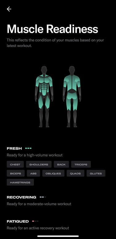 screenshot showing tonal's muscle readiness feature