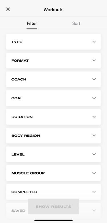Tonal's workout types listed in the app