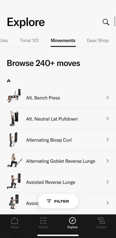 Tonal's movement types listed in the app