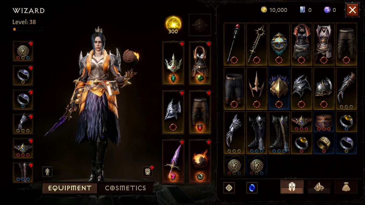 A screenshot from Diablo Immortal showing a female wizard’s equipment screen