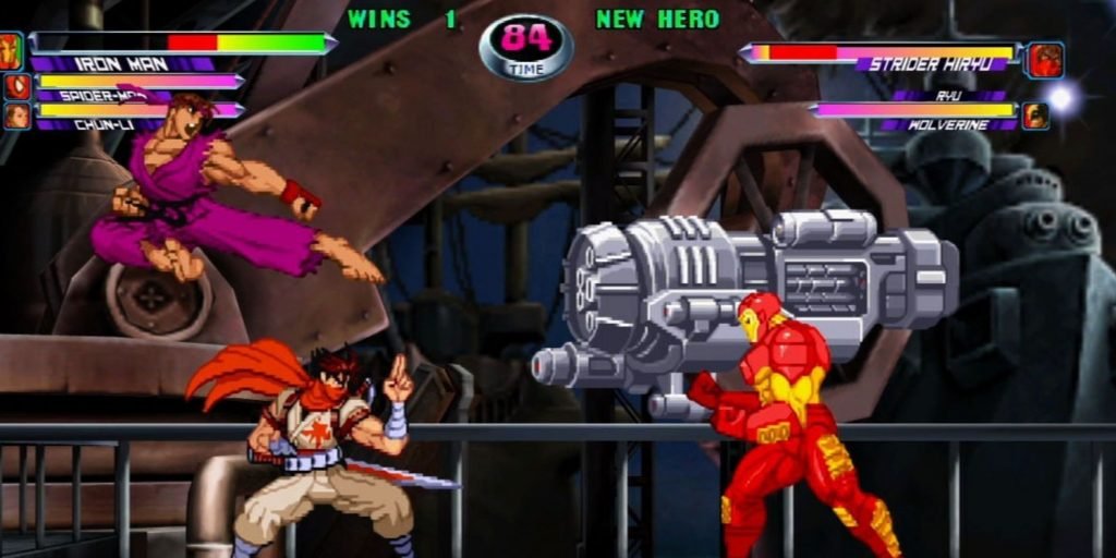 Iron Man calls upon his cannon to blast Strider and Ryu away.