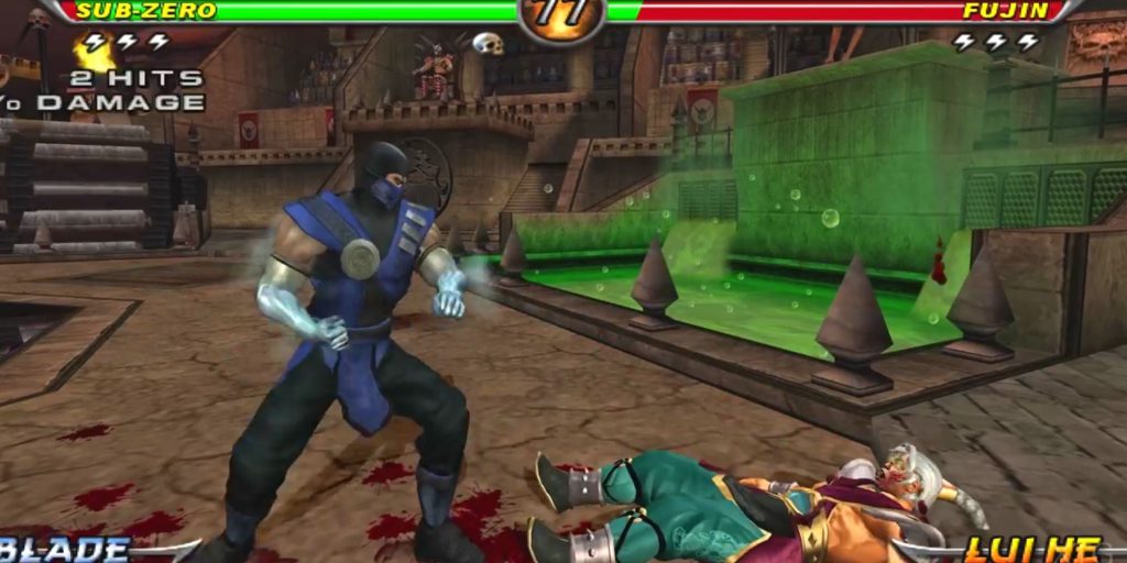 Sub-Zero looks down at a bloody and almost defeated Fujin.