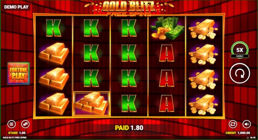Gold Blitz Free Spins Fortune Play slot reels by Blueprint Gaming