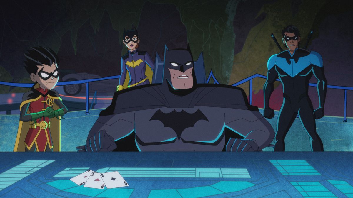 Batman, Robin, Batgirl, and Nightwing stand behind the Batcomputer in Harley Quinn season 3
