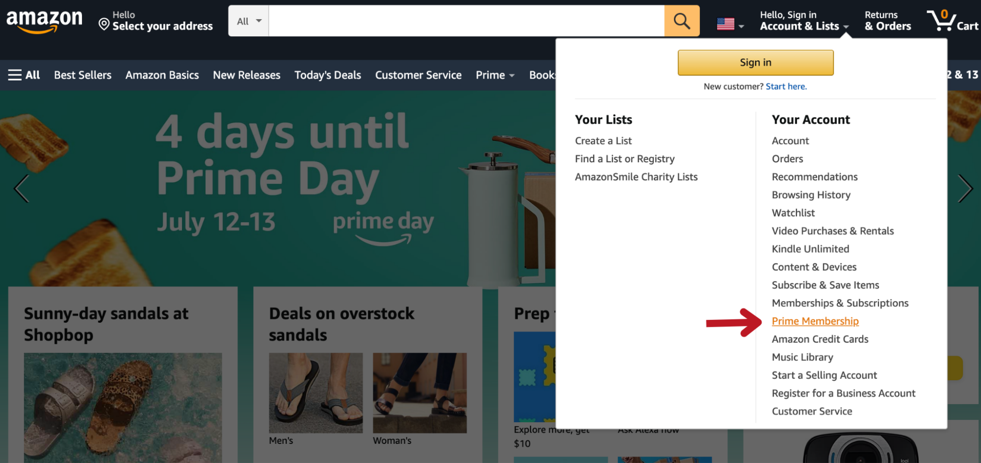 Screenshot of Amazon homepage