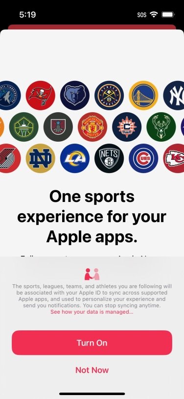 Screenshot of prompt to turn on My Sports feature in Apple News