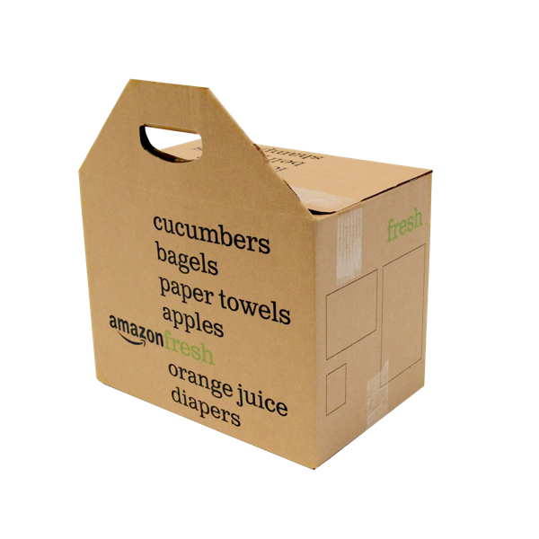 A cardboard box with a single handle and the "Amazon Fresh" logo.