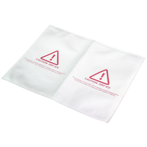A white plastic pouch with two red warning symbols.