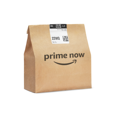 A paper bag with the "Prime Now" logo printed on it.