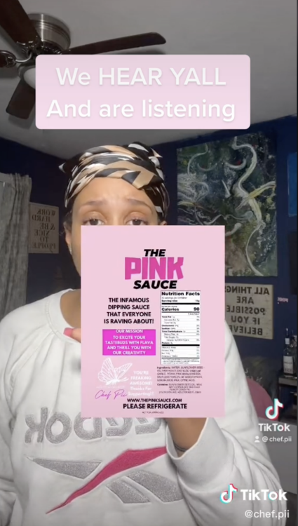 Chef Pii with a nutritional label for her pink sauce.