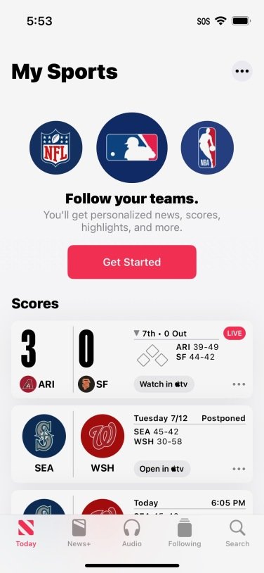 Screenshot of My Sports section in Apple News with button to get started