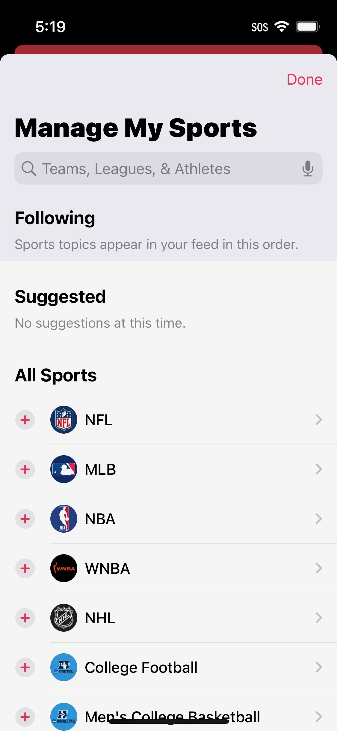 Screenshot of preferences section of My Sports that lists all of the teams and leagues you can follow