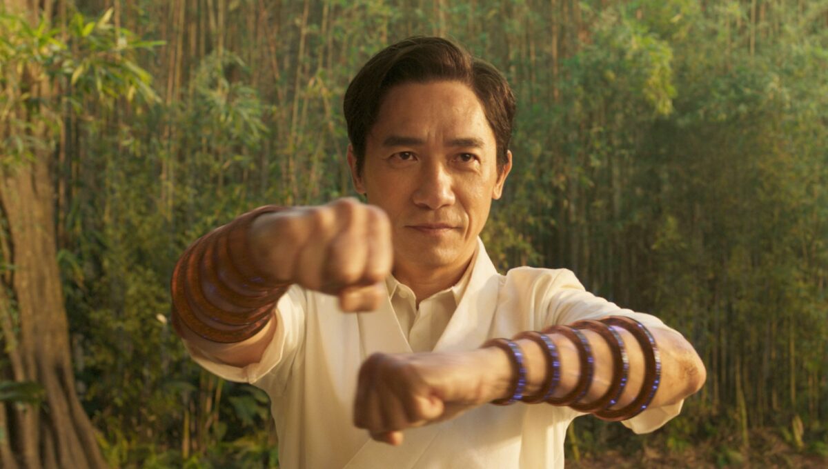 Wenwu (Tony Leung) in the middle of martial arts combat. He wears ten thick bracelets on his forearms which are the magical Ten Rings.
