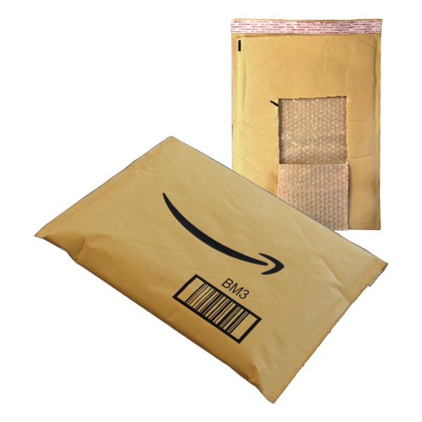 Two angles of an Amazon bubble-lined paper mailer.