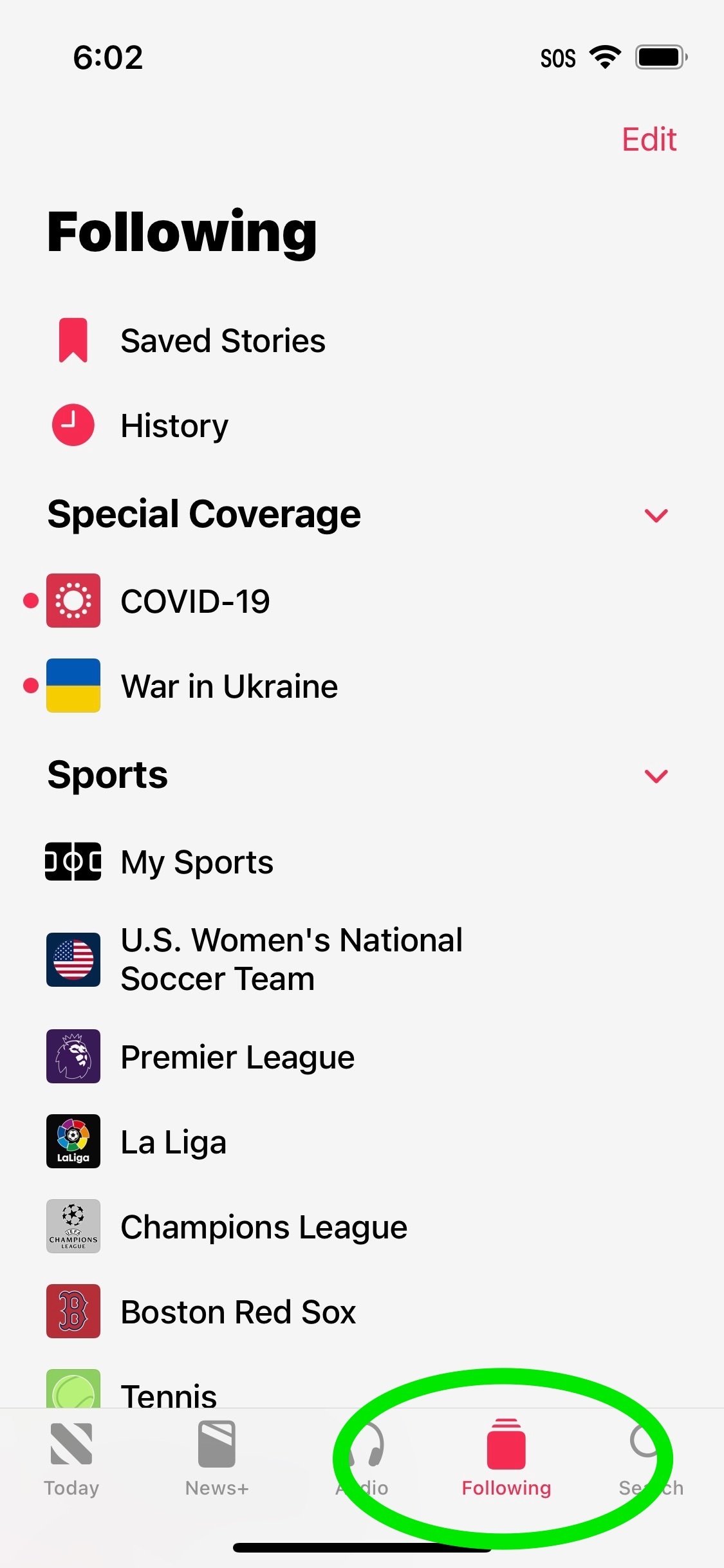 Screenshot of My Sports shortcut in the "Following" tab