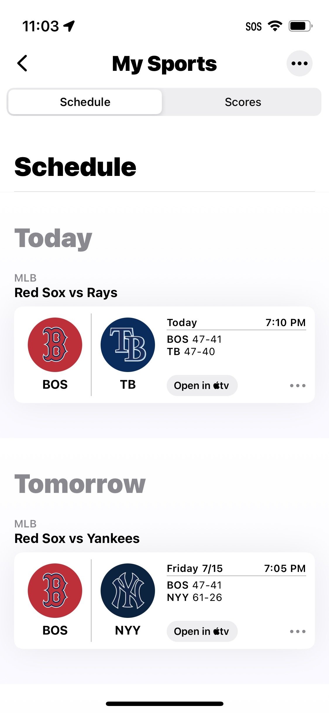 Screenshot of upcoming baseball schedule in My Sports