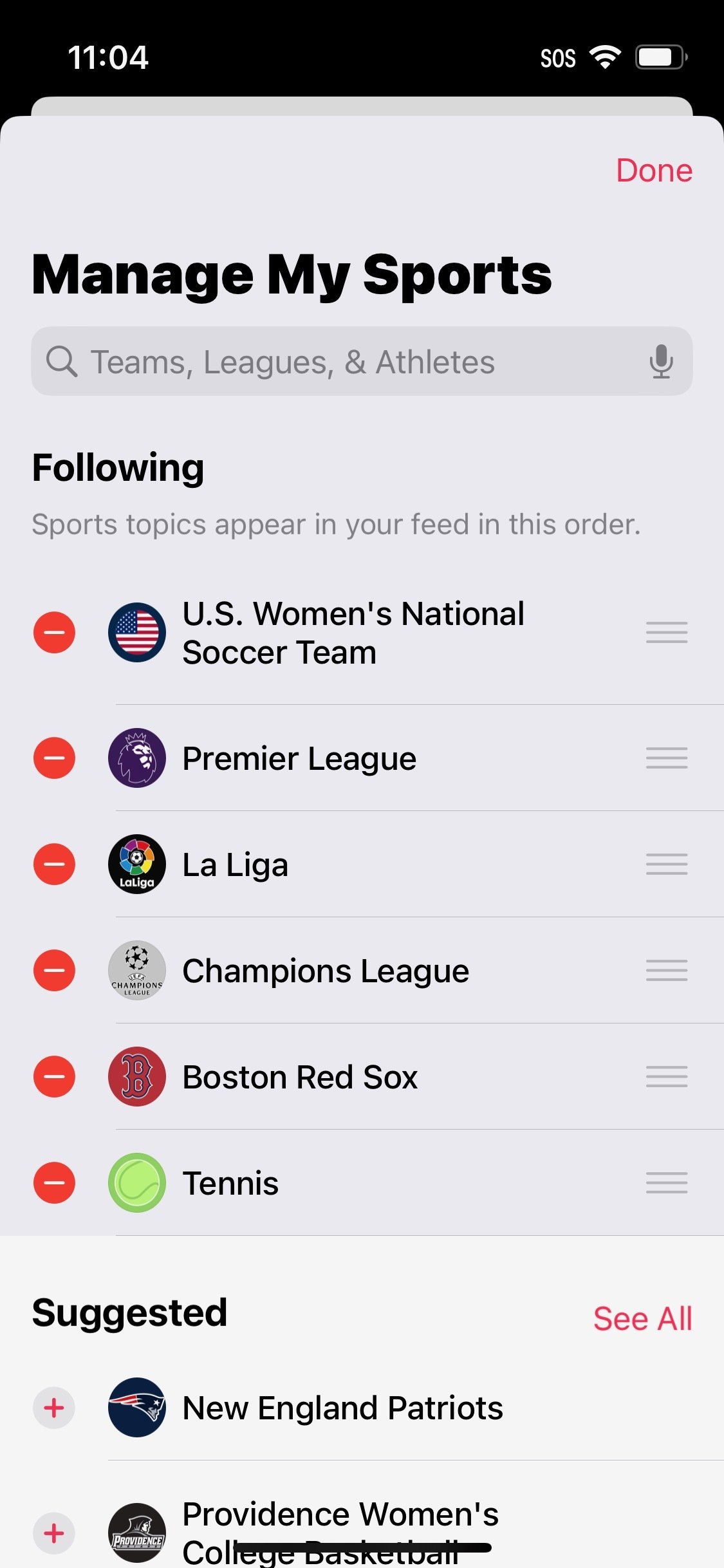 Image of teams/leagues preferences in the "Following" section of My Sports