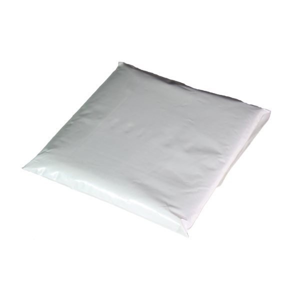 A white plastic pouch filled with a fiber pad.