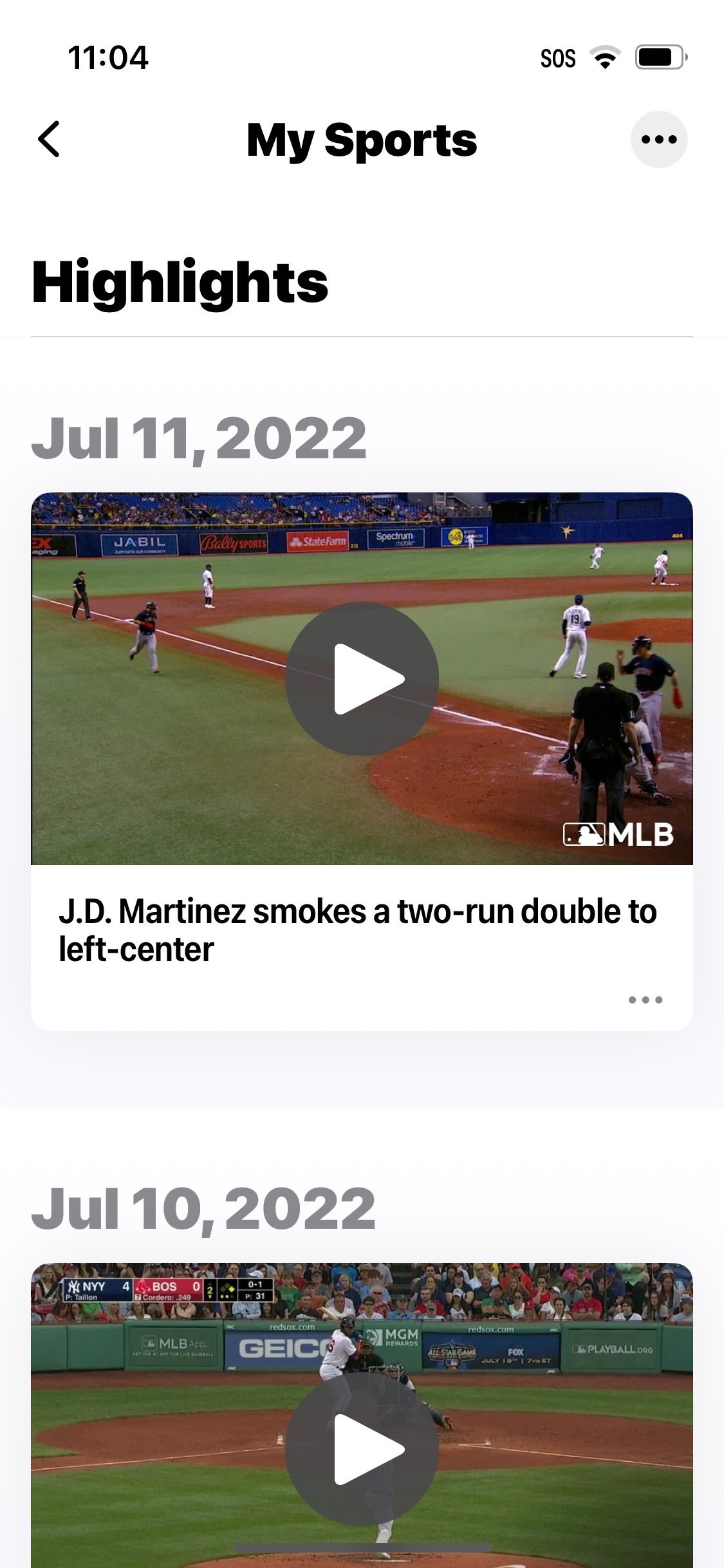 Screenshot of baseball clips in the "Highlights" section