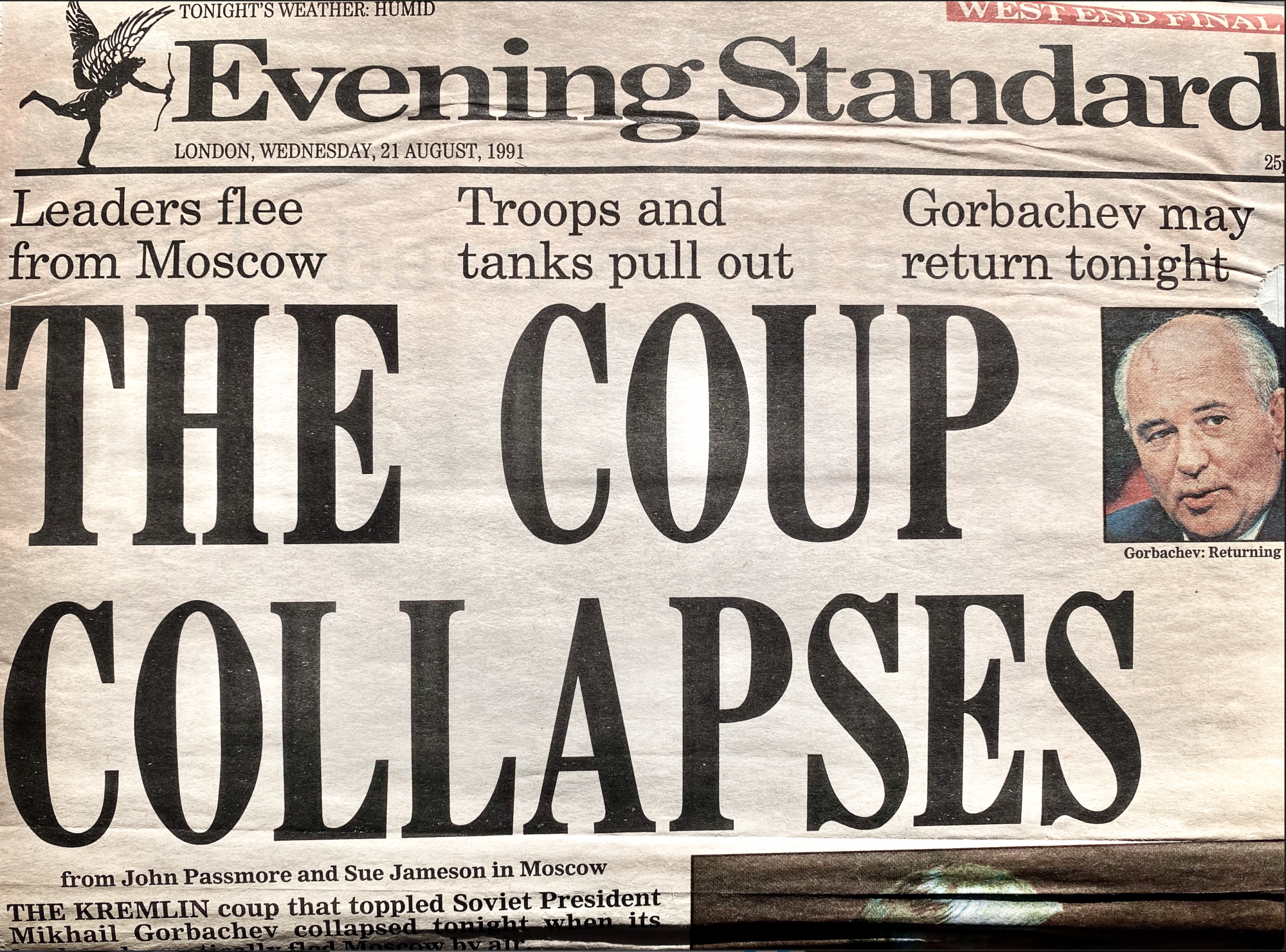 picture of a newspaper with words "the coup collapses" on front page