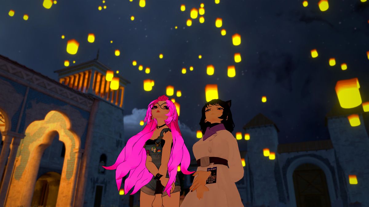 Two female avatars looking up at a display of digital lantern lights in the 2022 documentary We Met in Virtual Reality.