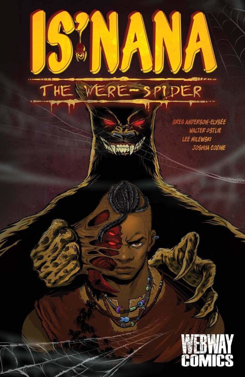 The cover for Vol. 1 of Is’nana the WereSpider, showing a Were-Spider pulling off a person’s face.