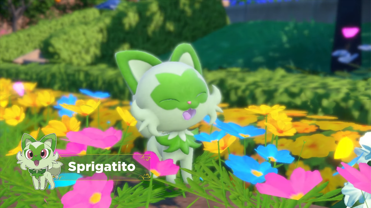 Sprigatito smiling in a field of flowers.