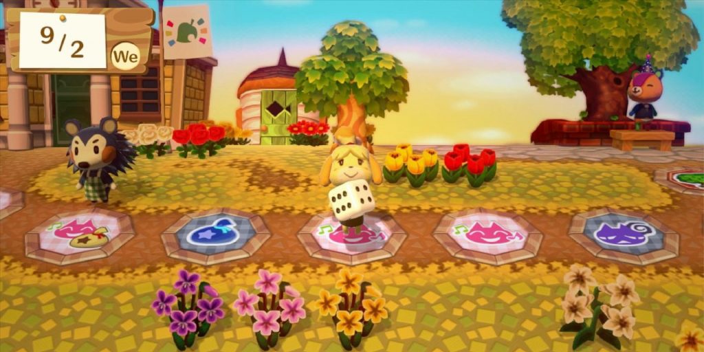 Isabelle rolling the dice in Animal Crossing: Amiibo Festival.