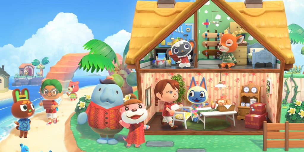 A dollhouse cutaway of a house on a tropical island in Animal Crossing: Happy Home Paradise.