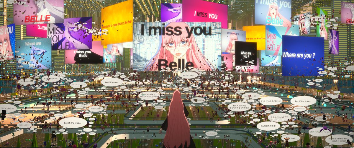 Belle looks out at a crowd of chattering avatars and their messages in the virtual world of U in the anime movie Belle