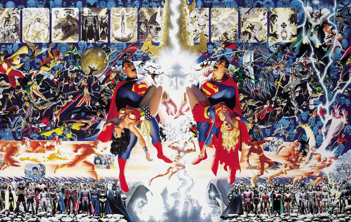 Alex Ross’ wraparound cover for Crisis on Infinite Earths, a dynamic and complicated image depicting dozens and dozens of superheroes.