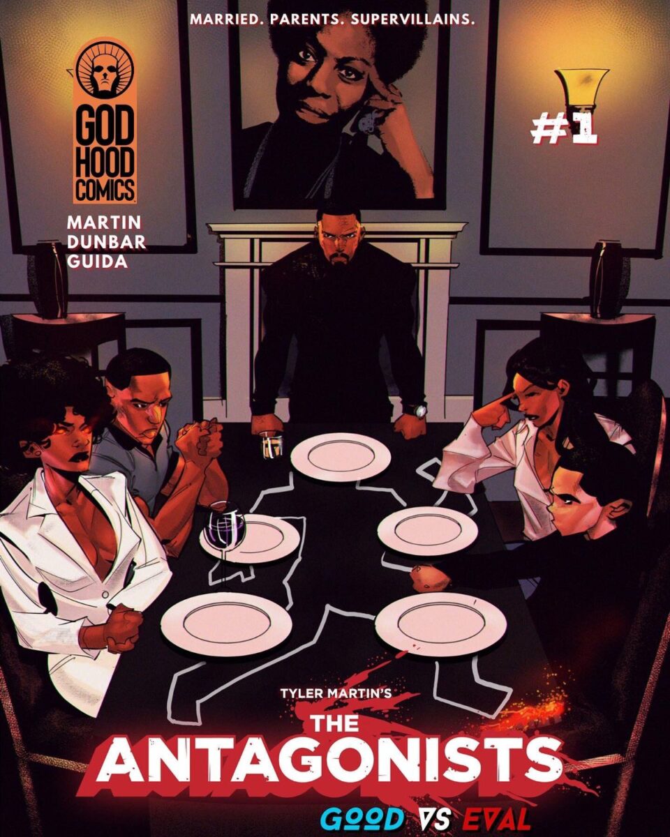 Cover art for the first issue of The Antagonists, featuring a group around a dinner people with a chalk body outline on it and the caption “Married. Parents. Supervillains.”