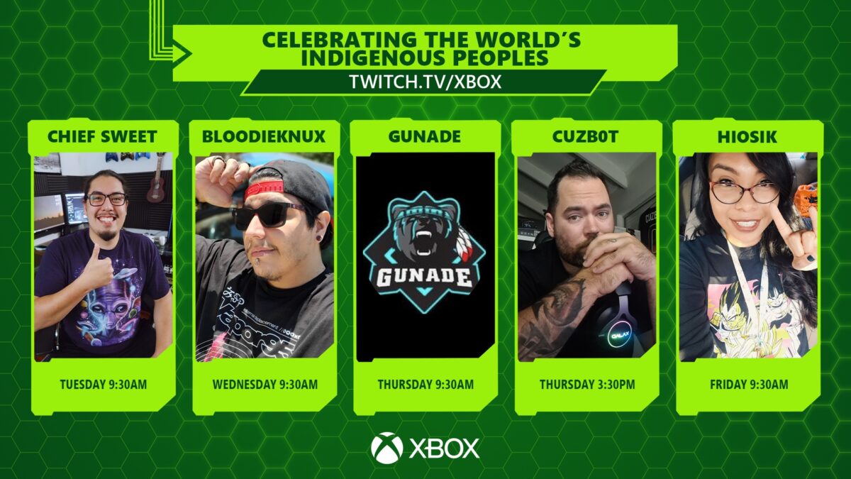 Five streamers, Chief Sweet, BloodieKnux, Gunade, Cuzb0t, and Hiosick, are displayed in front of a textured green background. Text at the top of the image reads Celebrating the World’s Indigenous People’s with a link to the Xbox channel on Twitch: Twitch.TV/Xbox.