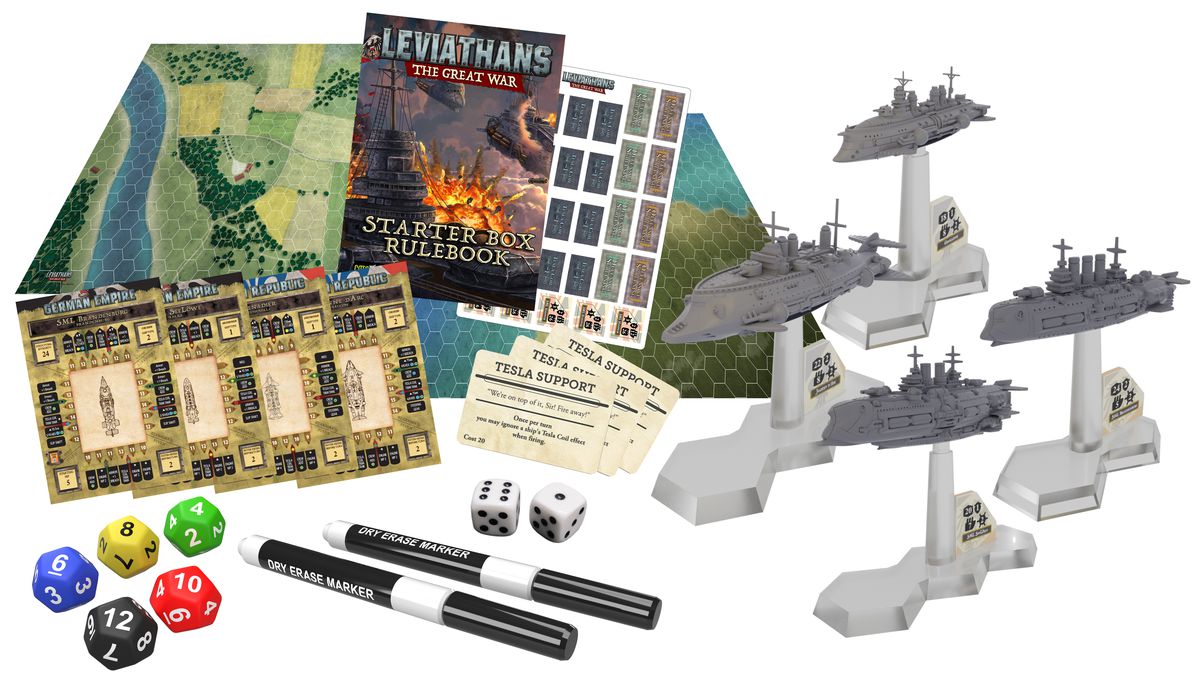 Contents of the proposed starter set coming to crowdfunding. Ships shown here unpainted.