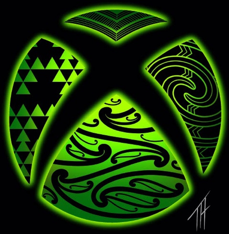 Stylized Xbox logo in the traditional Māori style with lines and patterns in green colors representing various art forms