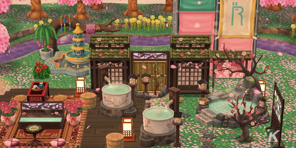 A springtime camp with cherry blossom theming in Animal Crossing: Pocket Camp.