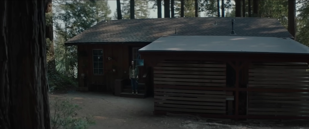Winona Ryder in front of a cabin in the woods in Gone in the Night